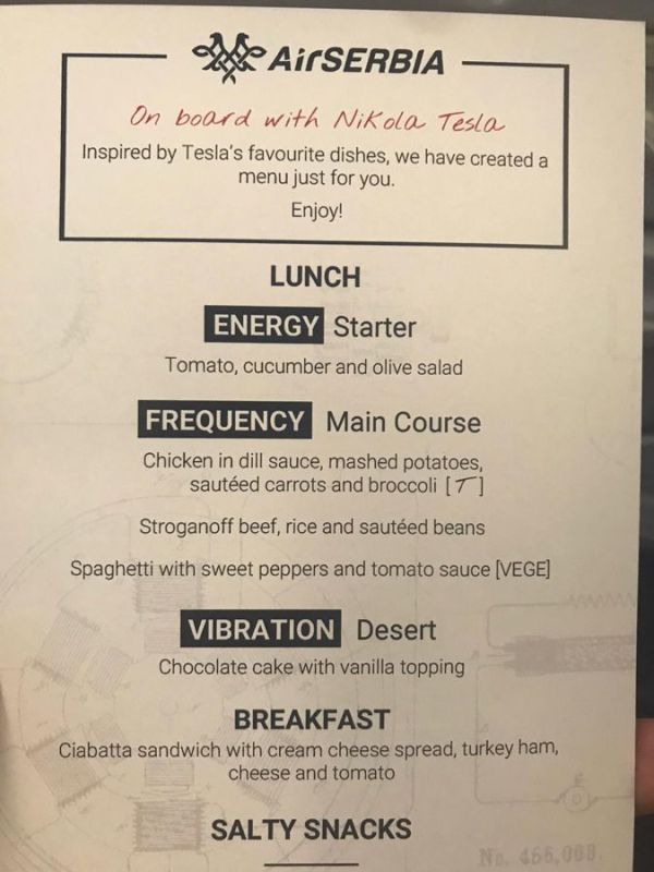 Tesla-Inspired Menu. Also, Air Serbia, Can't You Get an English Speaker to Spell Check "Desert"?