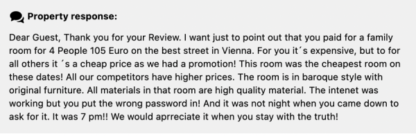 Aggressive response from property manager to unhappy guest on Booking.com