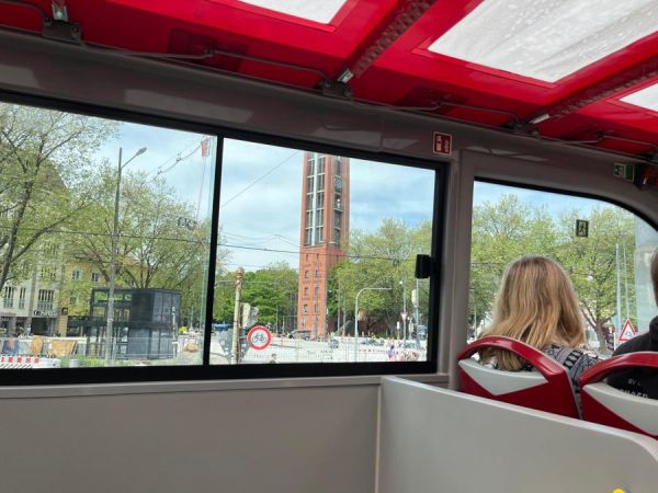 Inside the upper level of the bus.