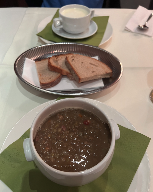 Bry's lentil soup (foreground) and my white wine soup (background).