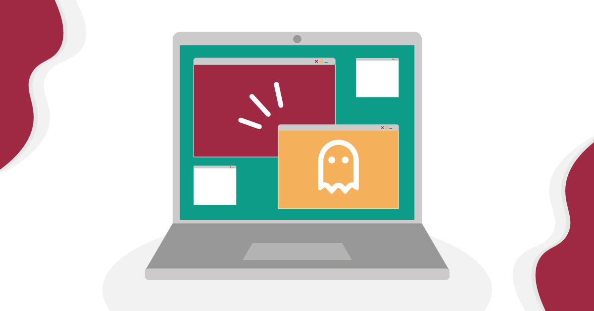 Bilden visar en illustration av en laptop med pop-ups som föreställer ett spöke. 