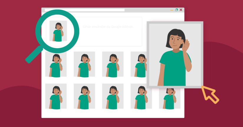 Bilden föreställer en illustration över en webbläsare i vilken sökresultat från Google bildsök finns. Sökresultaten visar en tjej i grön t-shirt och brunt hår.