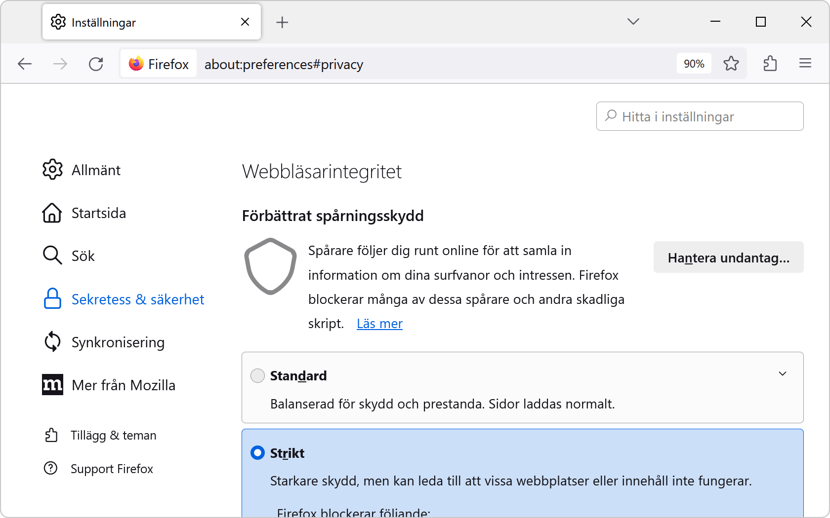 Spårningsskyddsinställningarna i Windows-versionen av Firefox.