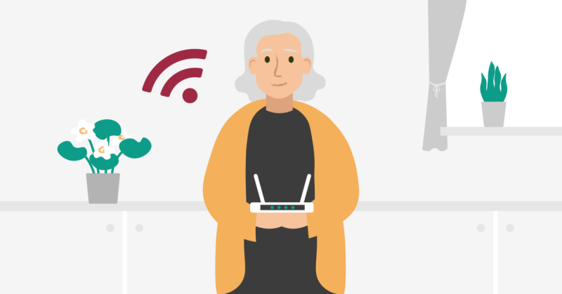 På bilden syns en illustration över en äldre kvinna i gul kofta med grått hår som står och håller i en router. Jämte kvinnan står en grön krukväxt och ovanför henne svävar en WiFi-symbol.