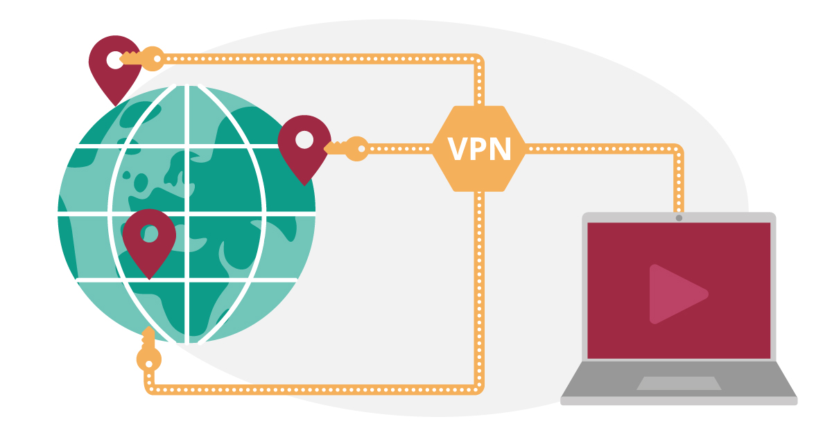 På bilden syns en illustration över en jordglob med gula kopplingar till en laptop. De gula kopplingarna symboliserar VPN-tunnlar från olika platser på jordgloben.