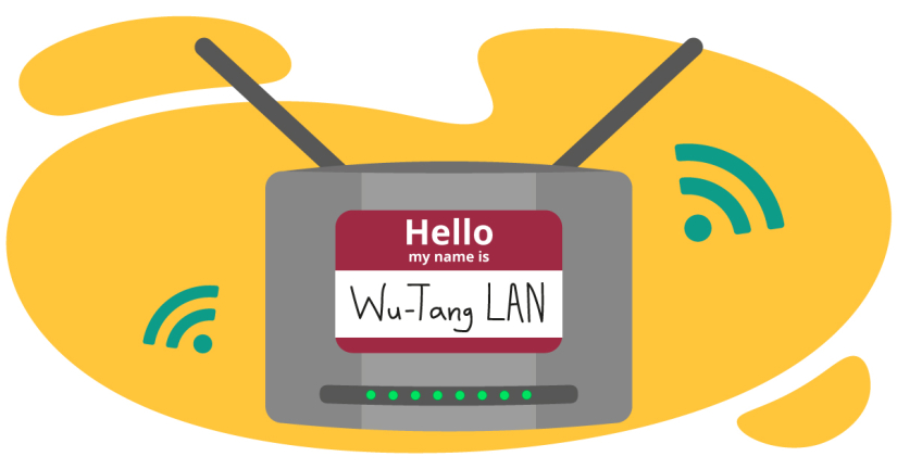 Bilden är en illustration av en router som har en namnskylt där det står "Wu-Tang LAN". I bakgrunden finns en gul form och några gröna WiFi-symboler. Den illustrerar hur man kan byta namn på sitt trådlösa nätverk.