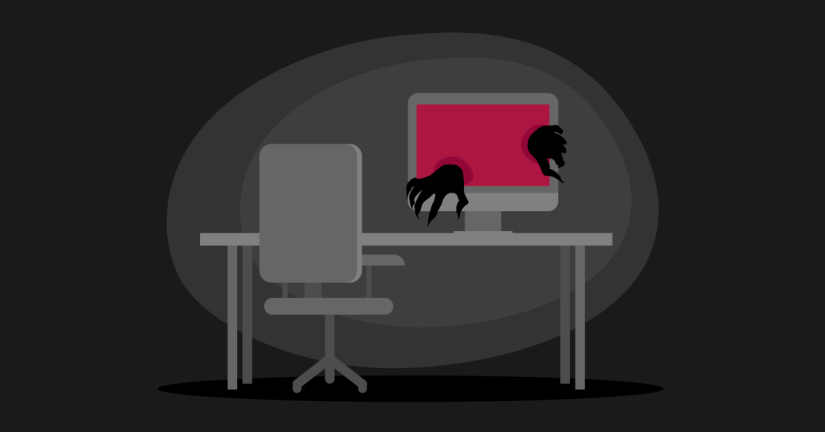 På illustrationen syn ett skrivbord med en datorskärm på. Ur skärmen sträcker sig två gråa händer med klor. Bakgrunden på skärmen är röd.