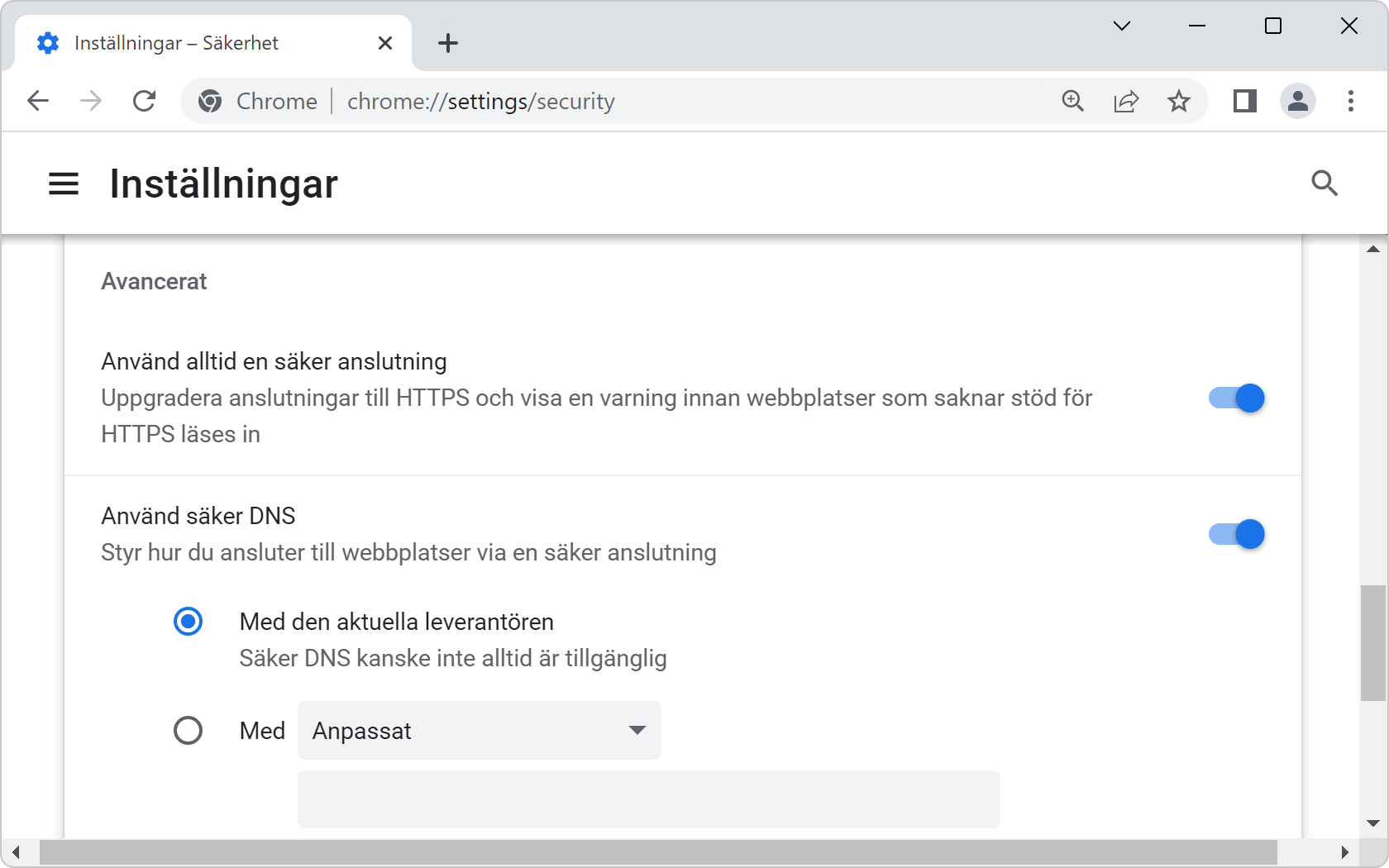 DNS-inställningarna i Windows-versionen av Chrome.