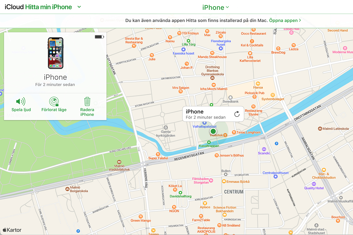 På bilden syns en karta över en stad. I mitten av kartan lyser en grön punkt som signalerar var telefonen finns.