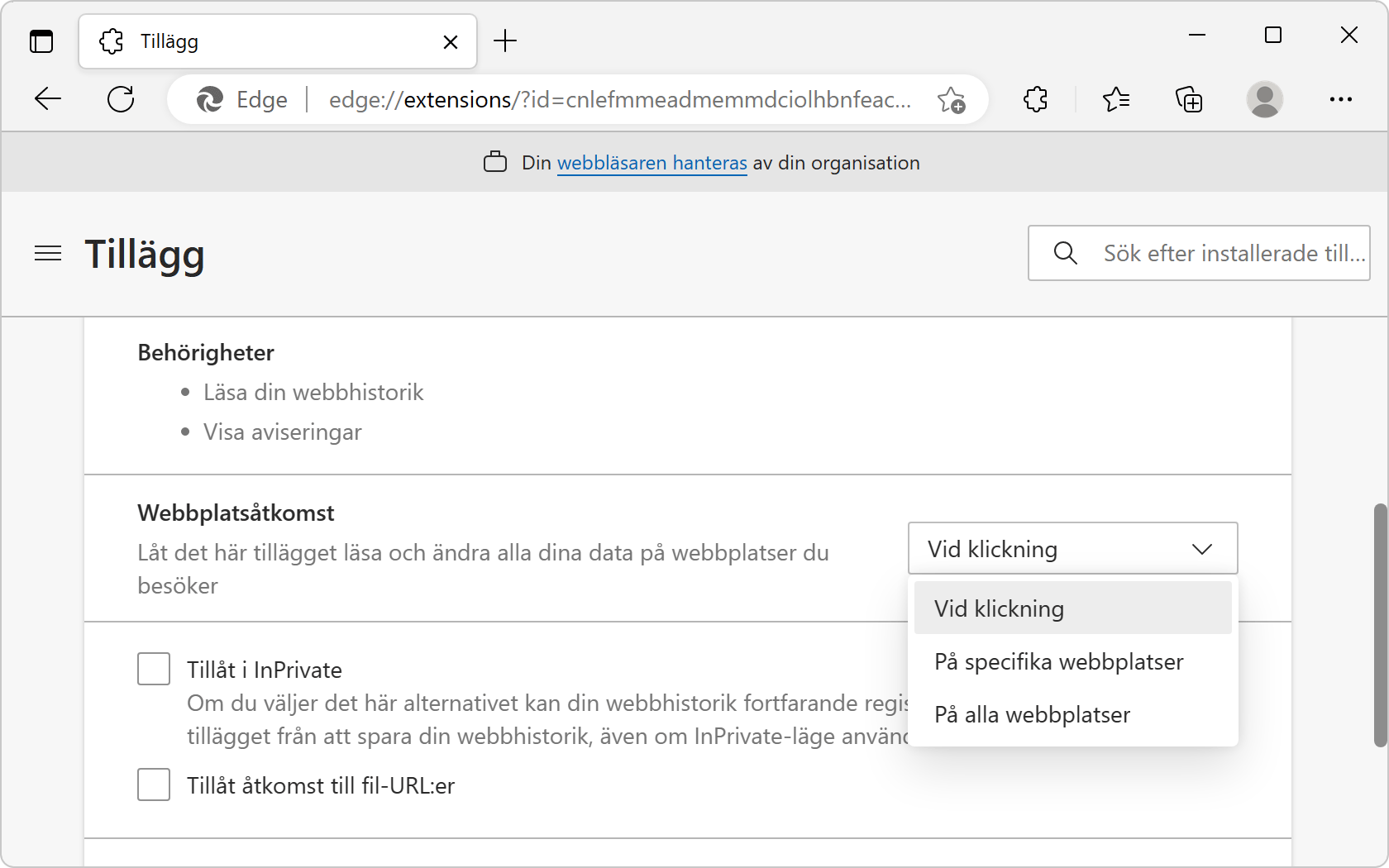 Inställningarna för ett webbläsartillägg i Windows-versionen av Edge.