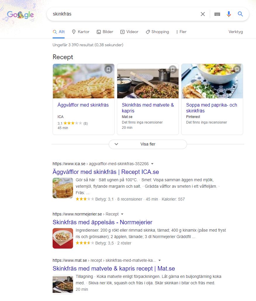 På bilden syns sökresultaten av en Google-sökning på skinkfräs.