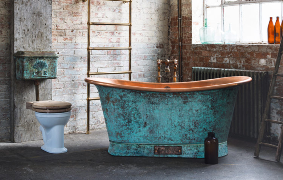 Patina Copper Tub in Industrial Loft Bathroom