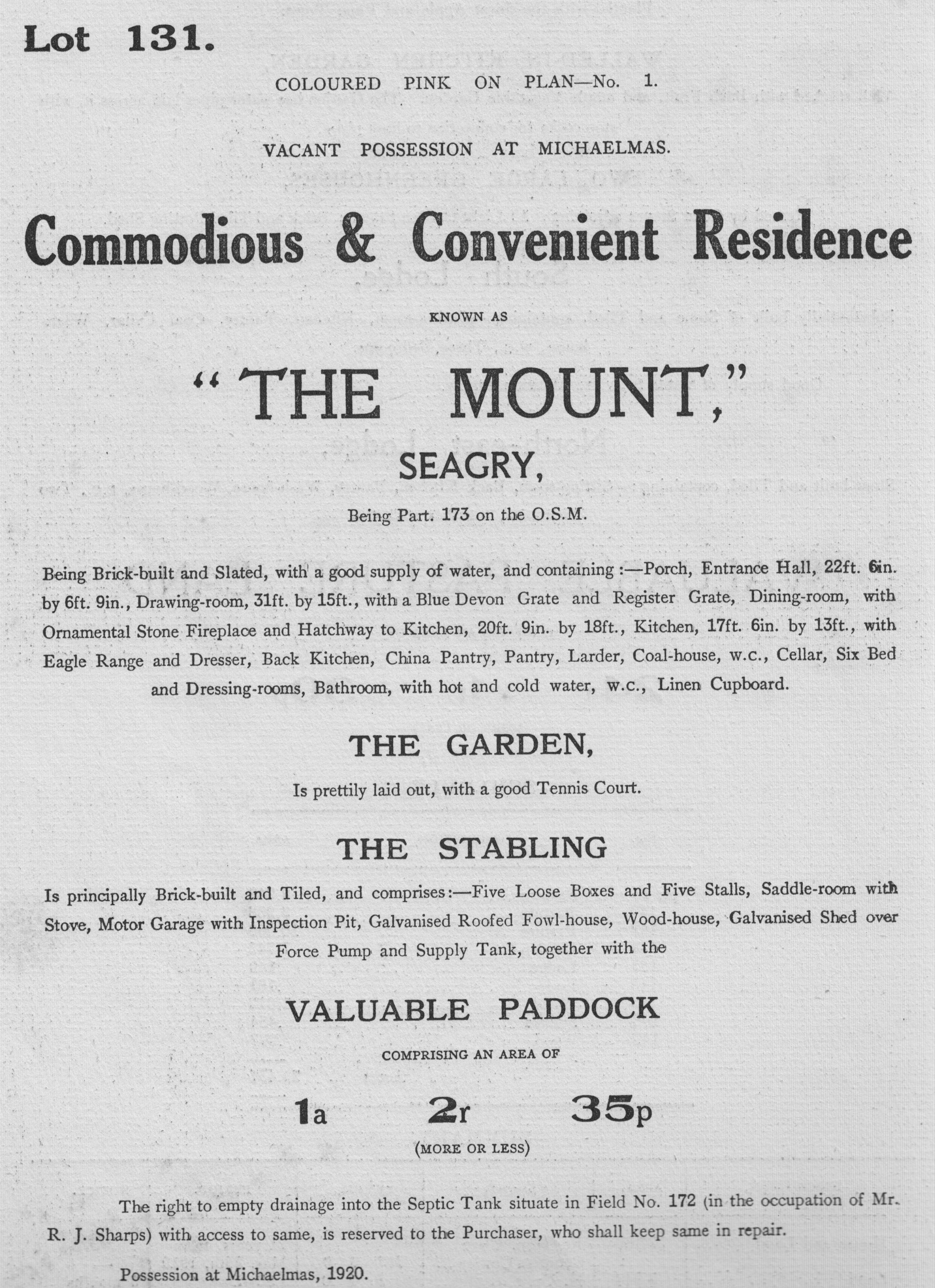 The Mount; 1920 Sale Catalogue