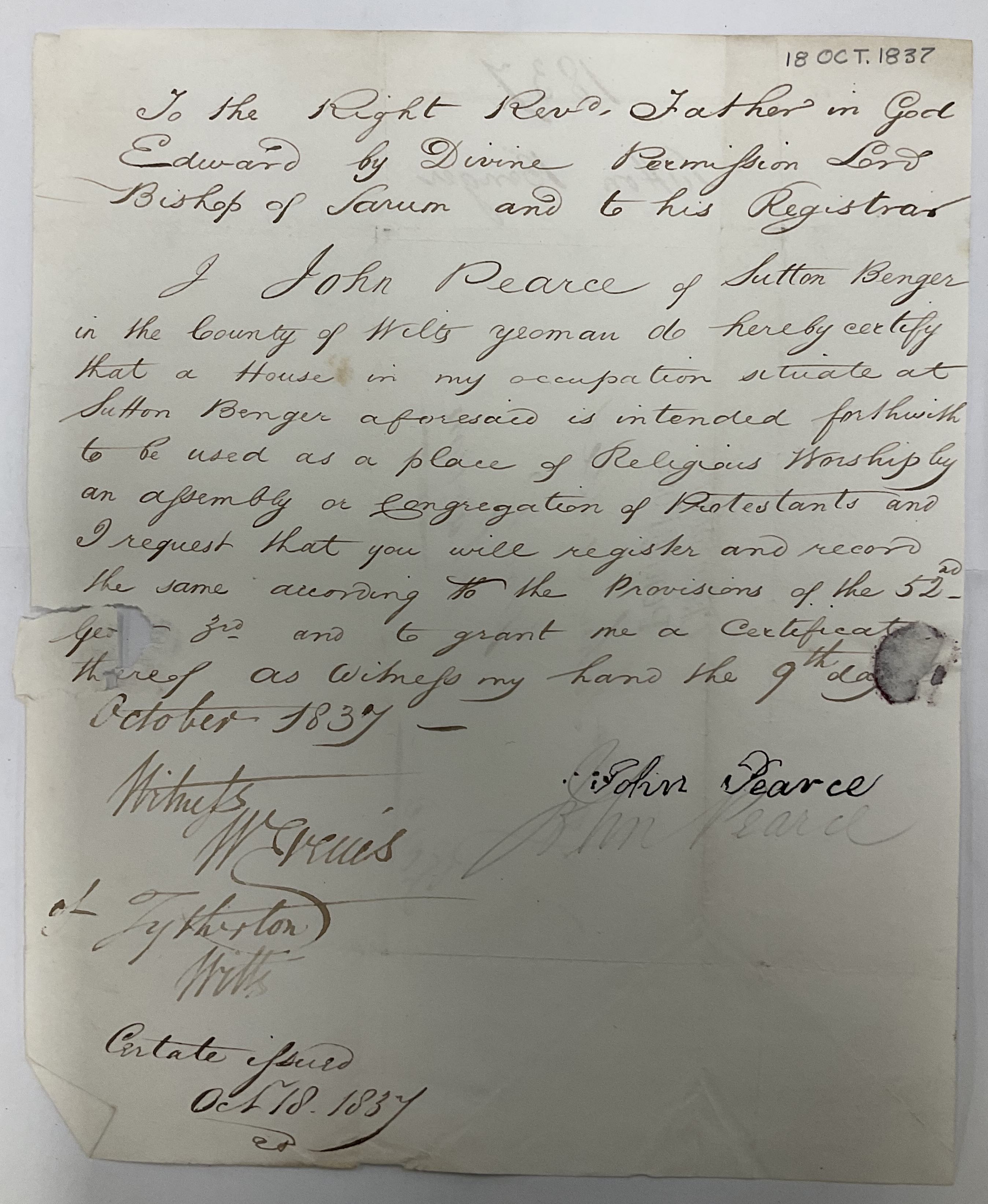 John Pearce Certificate 1837