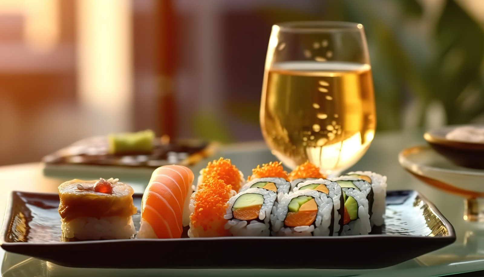 A selection of salmon sushi on a plate with a glass of white wine - wine with salmon