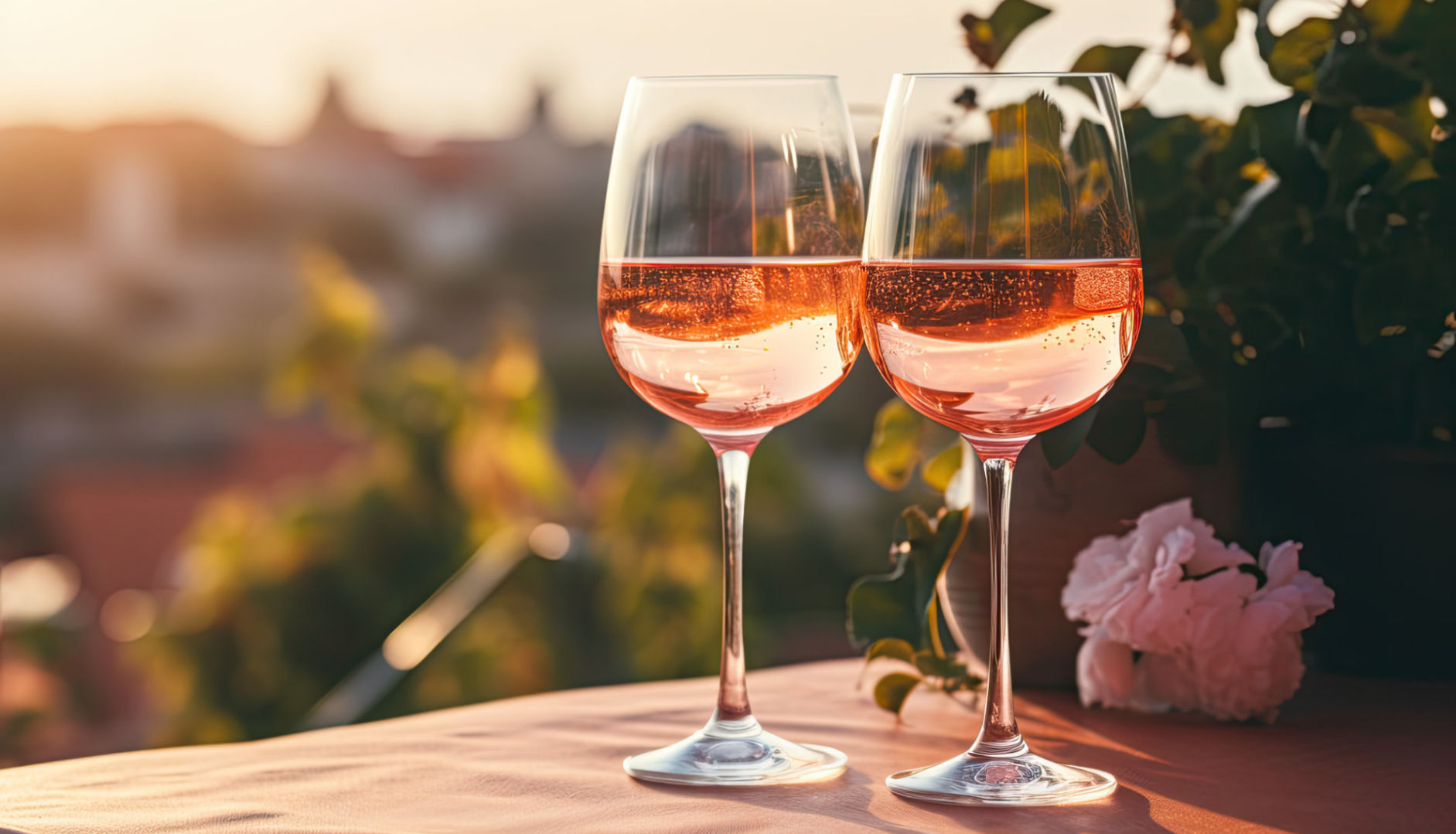rose wine temperature guide - two glasses of rose wine at sunset