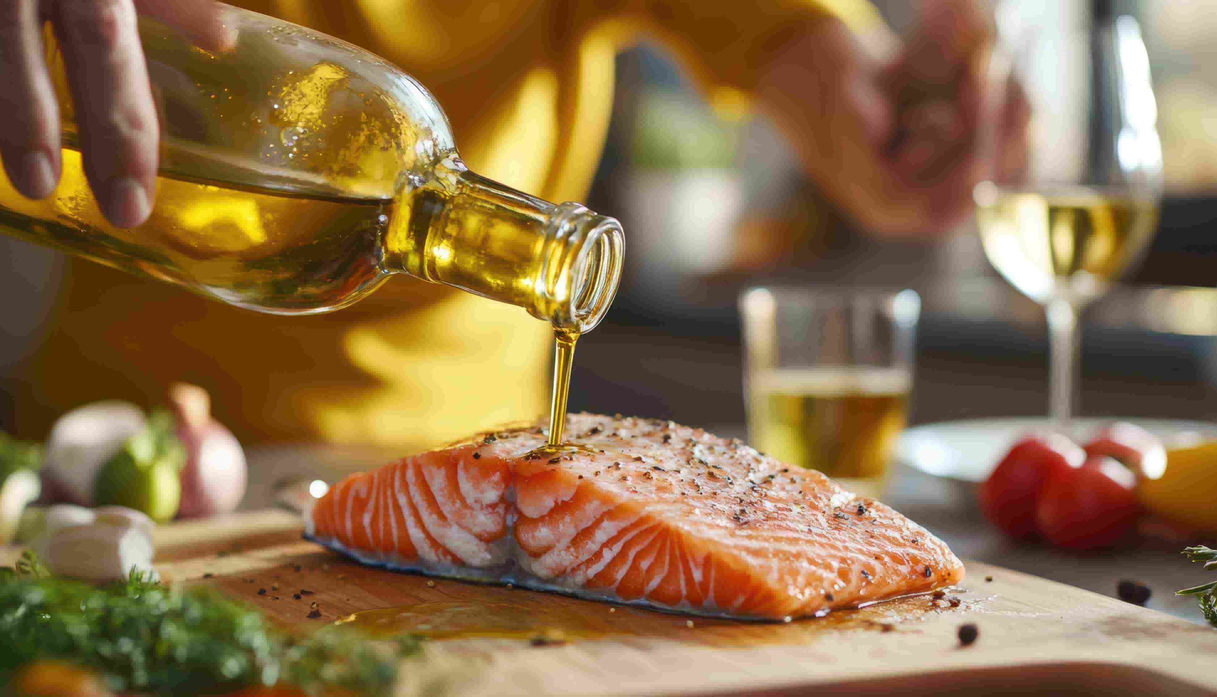 Salmon being prepared for lunch with white wine in background 