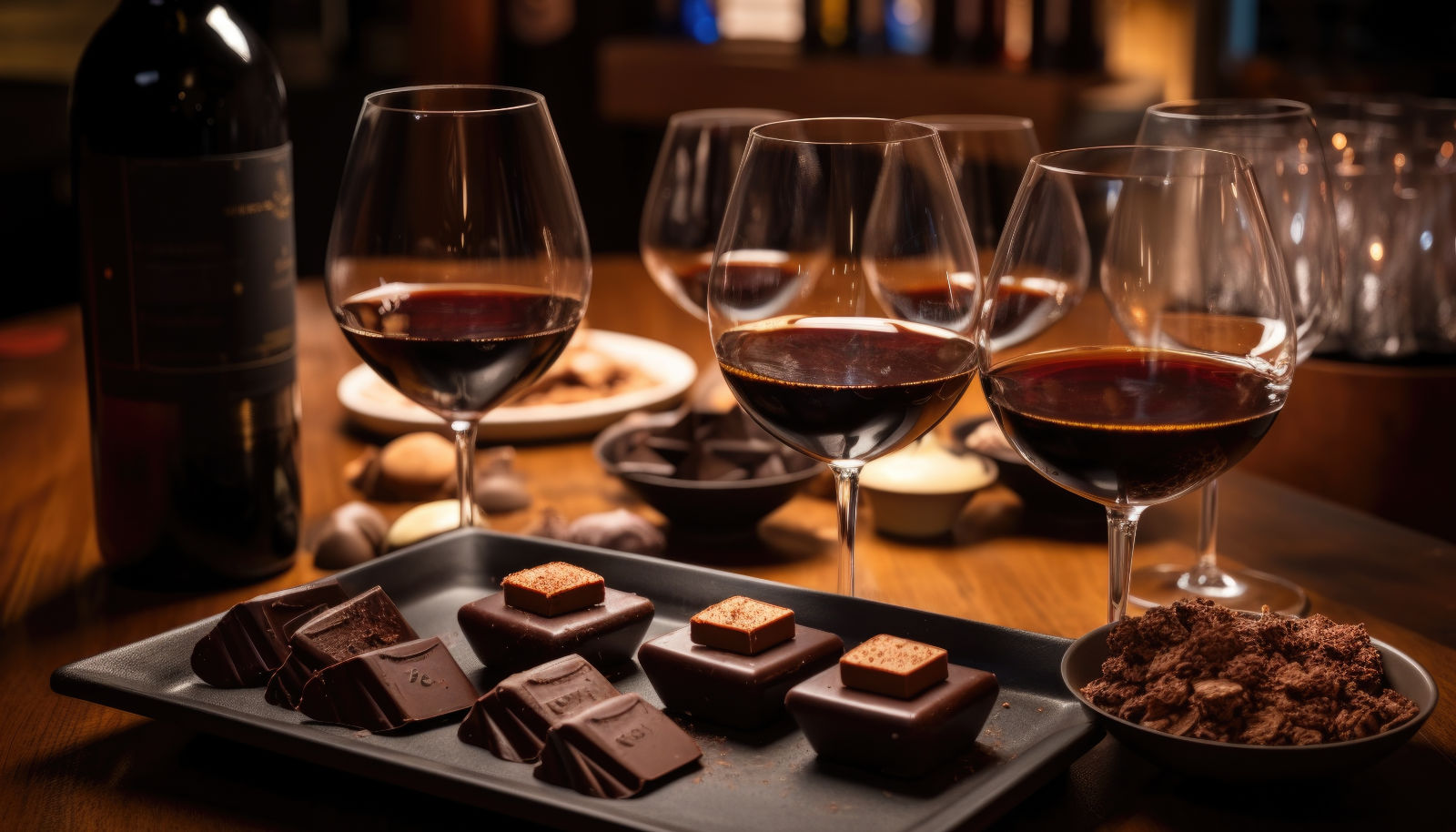 Luxury milk chocolates on a tray with glasses of red wine - wine and chocolate
