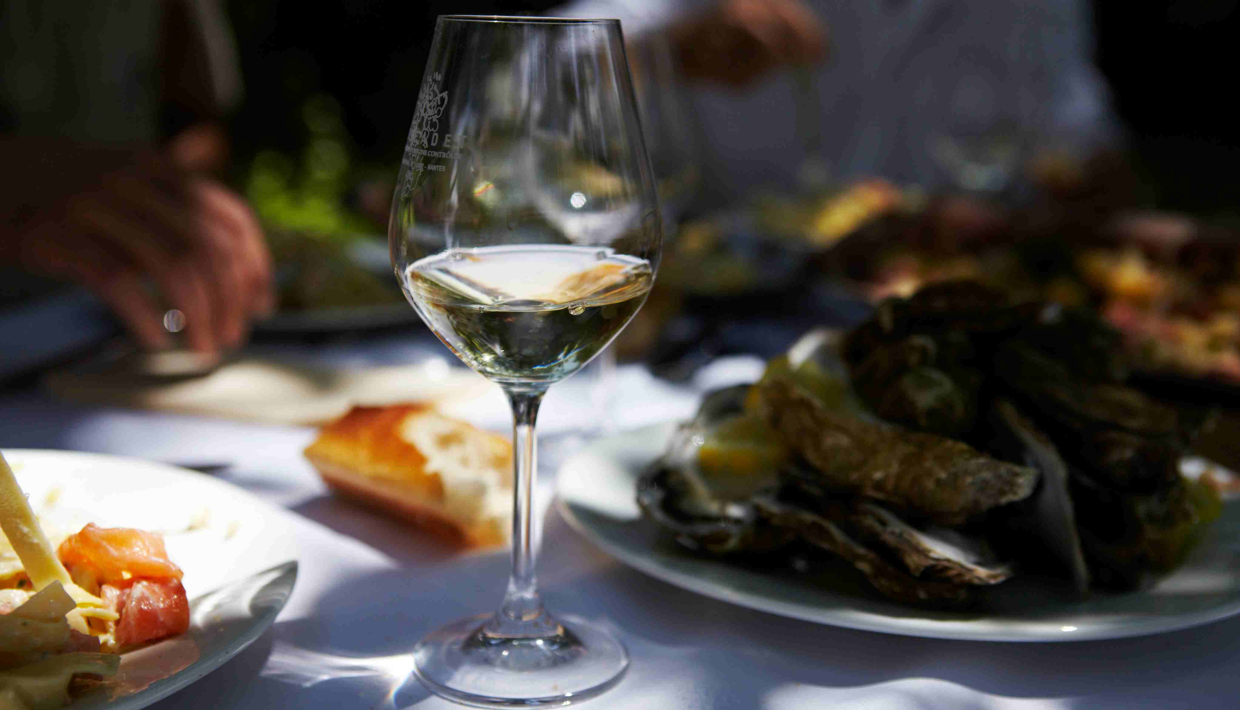 Glass of white wine with oysters and other food