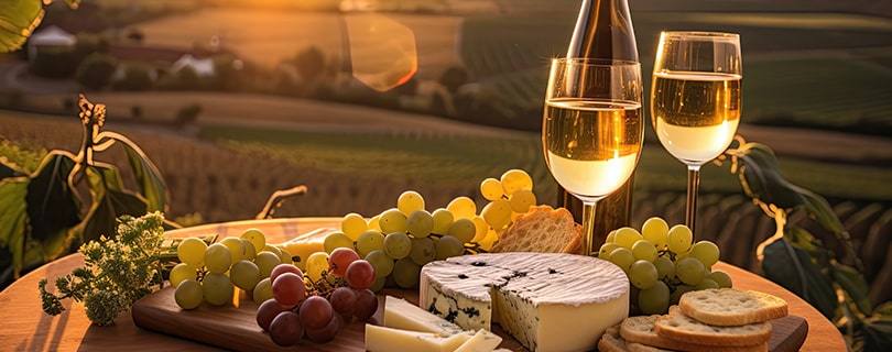 Two glasses of white wine on a cheese board overlooking a vineyard - German white wine