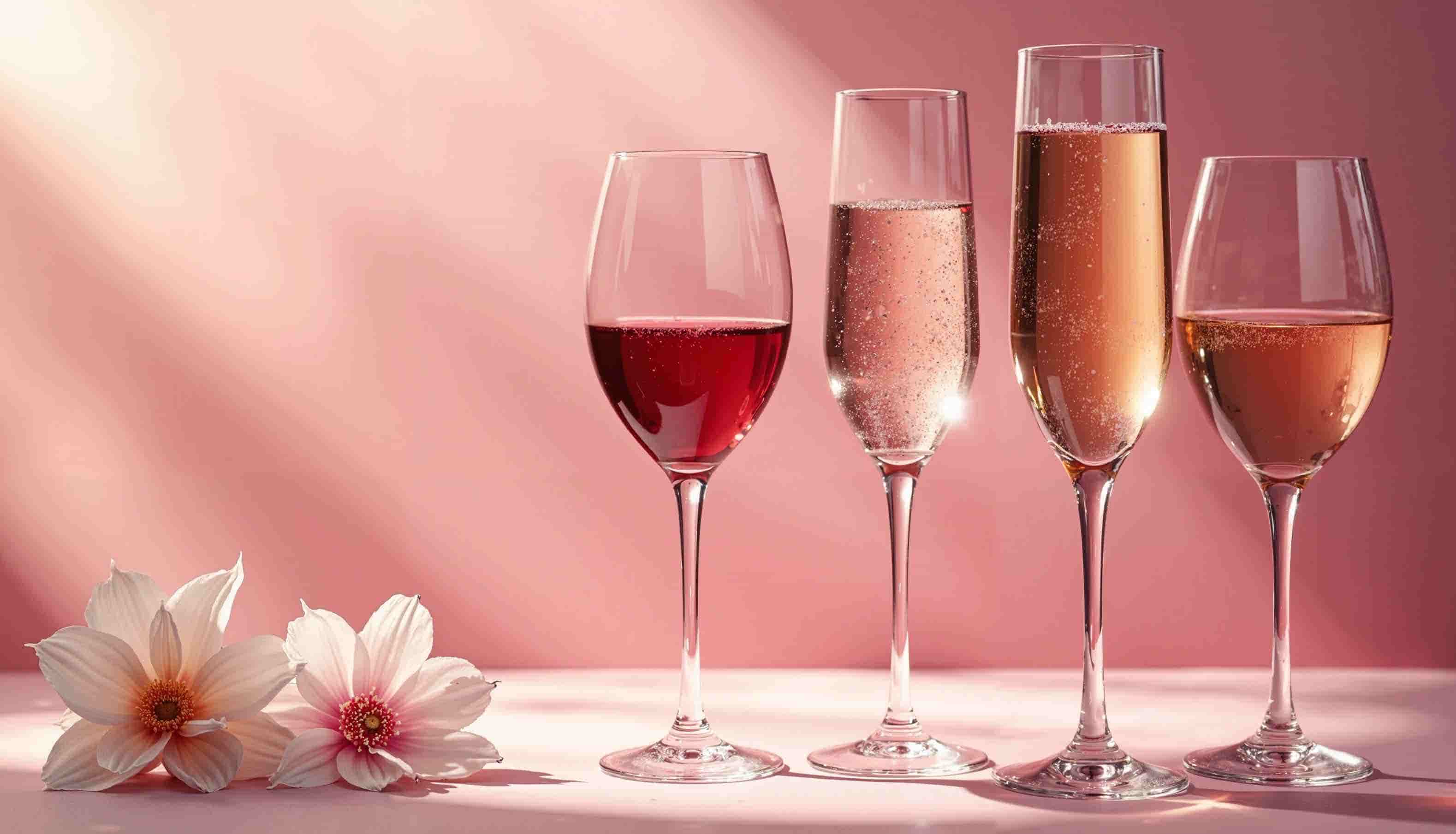 A glass of red wine, white wine, champagne and rosé