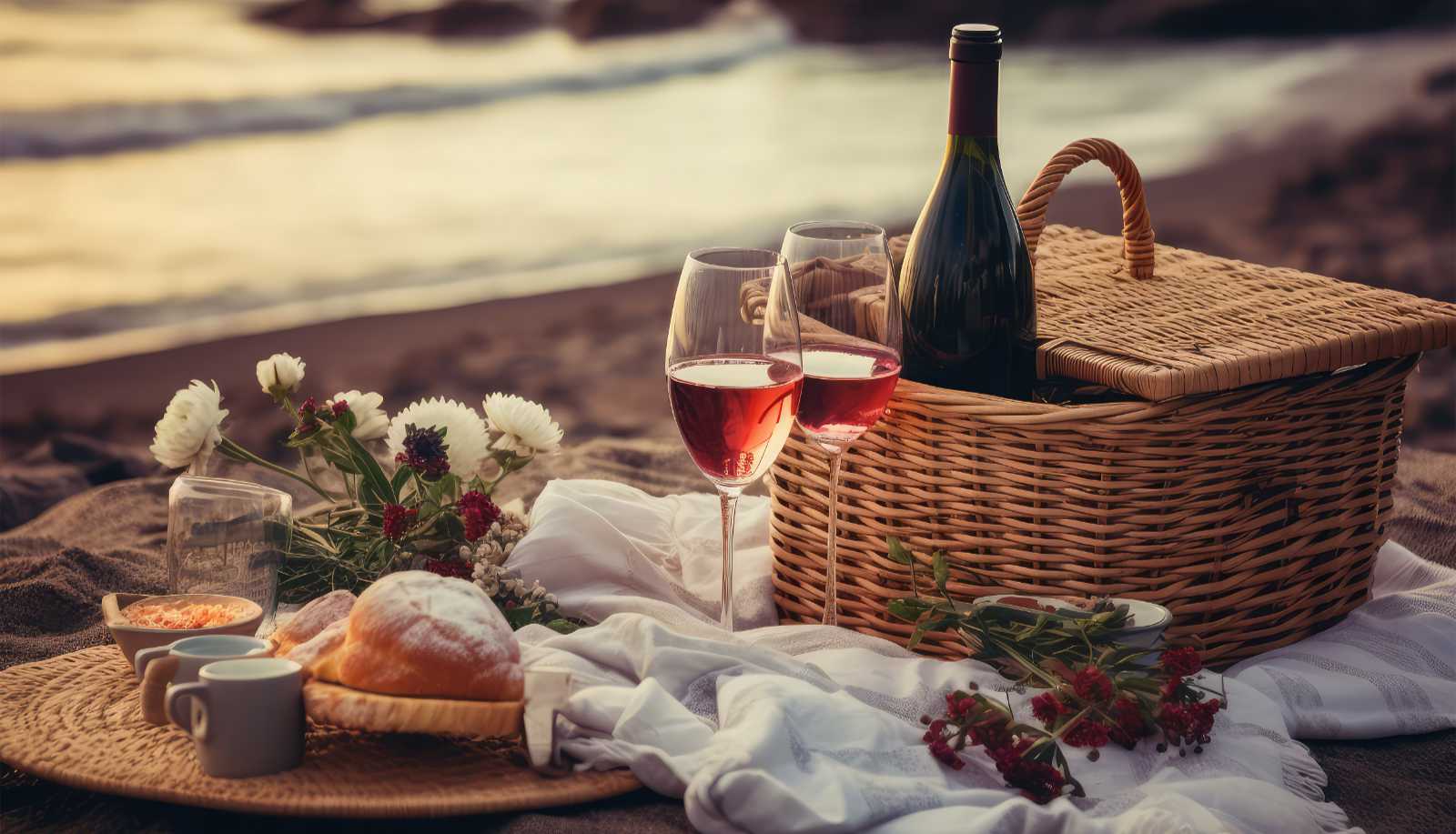 A picnic on the beach with a bottle and glasses of red wine - light red wine