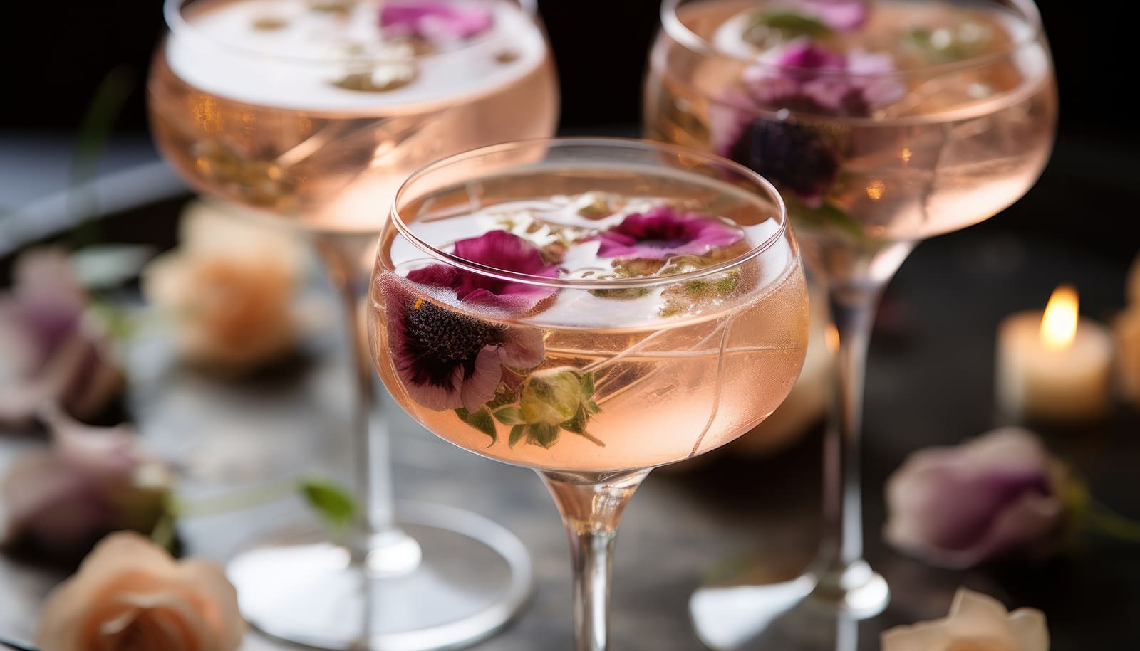 Glasses of sparkling rose garnished with edible flowers - pink Champagne