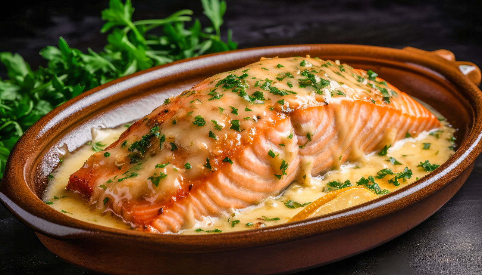 A salmon fillet in a cream sauce garnished with parsley - wine with salmon