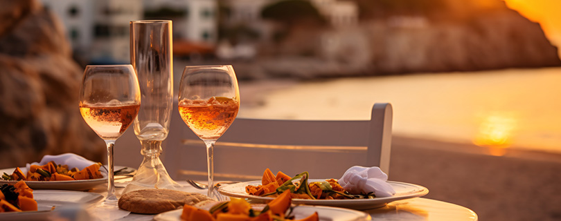 Two glasses of white wine with dinner plates overlooking a scenic sunset - German white wine