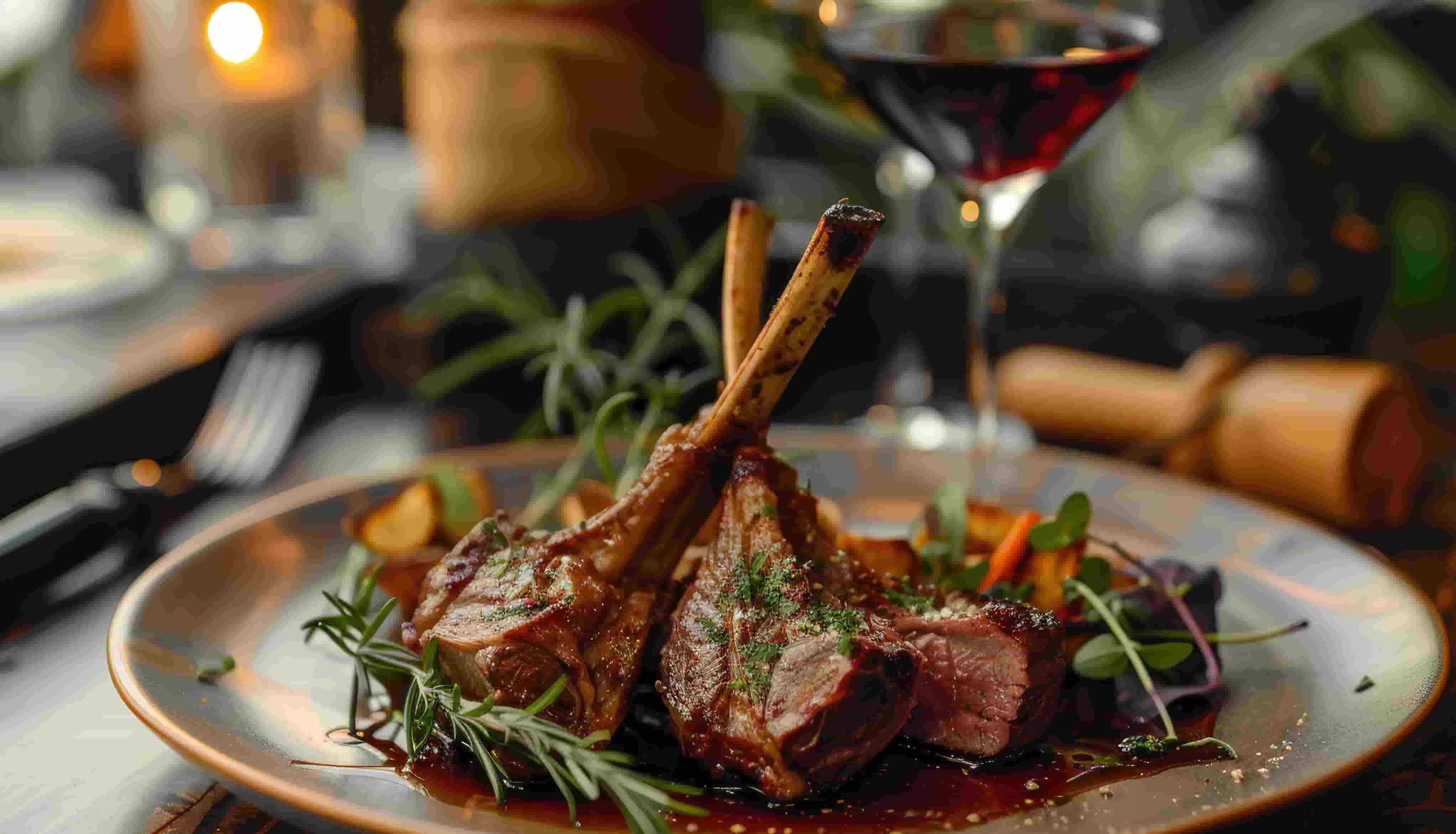Lamb dish with a glass of red wine on table
