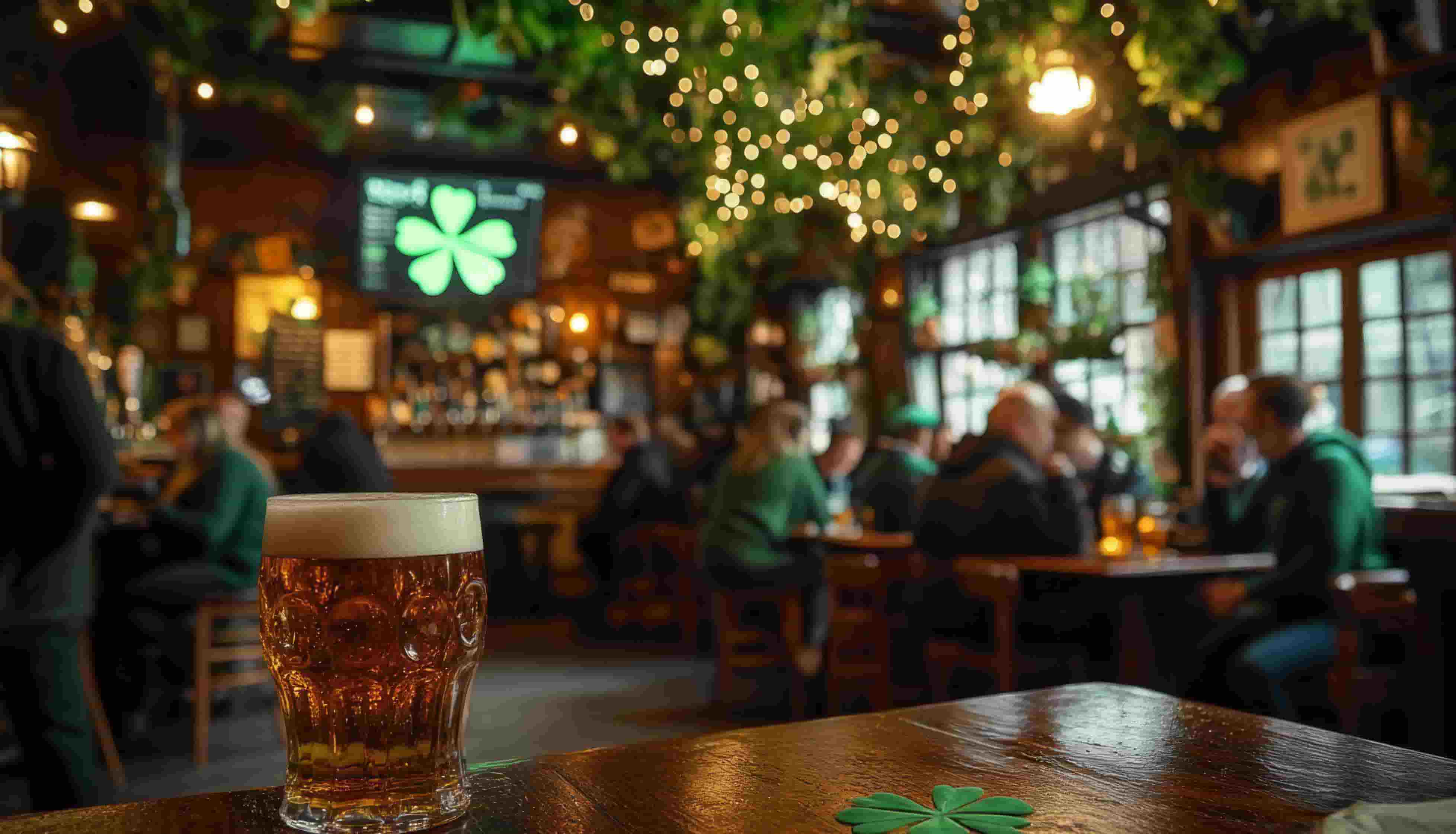 An image of an Irish bar on St Patrick's Day with a pint of beer on the table