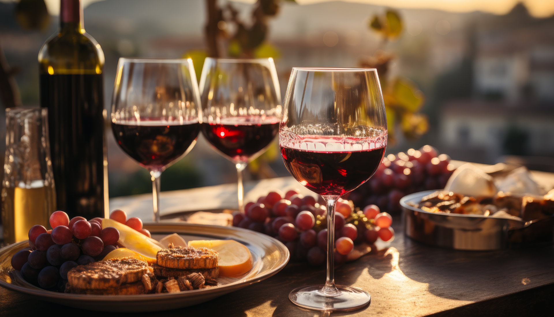 Red wine temperature guide - glasses of red wine on a late summer's day