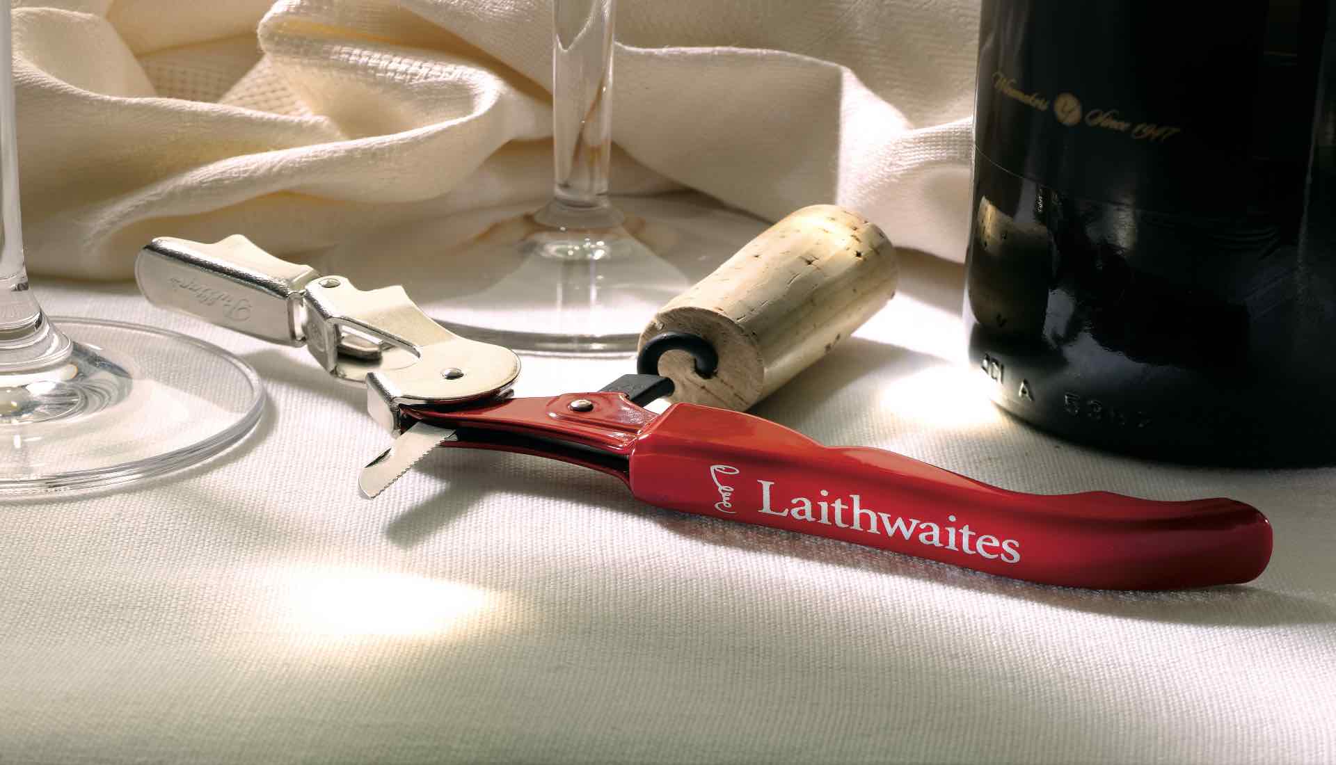 A waiter's friend corkscrew with 'Laithwaites' written on the handle