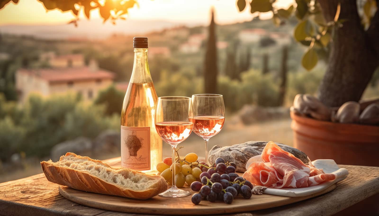 Two glasses of Rosato wine on a board with bread, grape and ham in a vineyard - pink Champagne