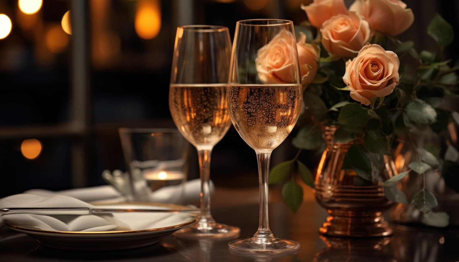 Two glasses of pink Prosecco on a table next to a vase of rose in a restaurant - pink Champagne