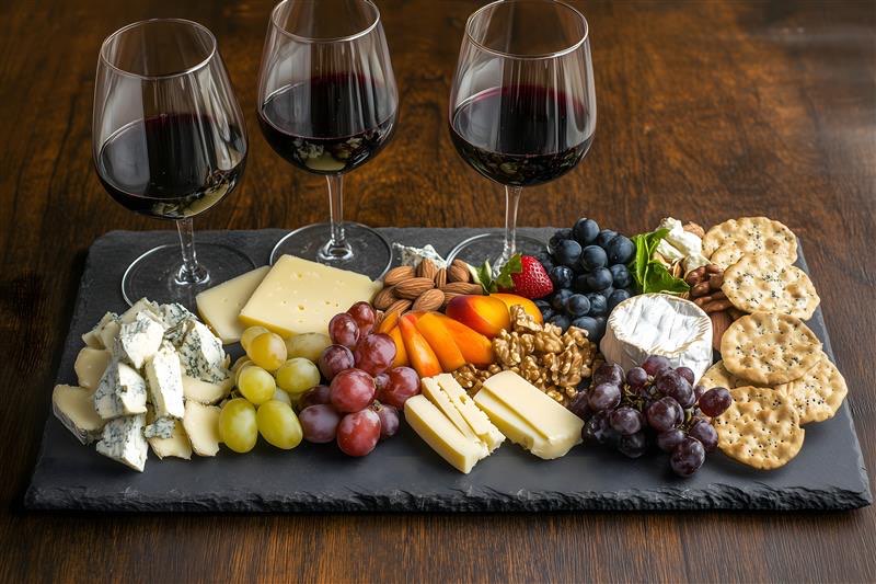 Charcuterie board with three red wine glasses