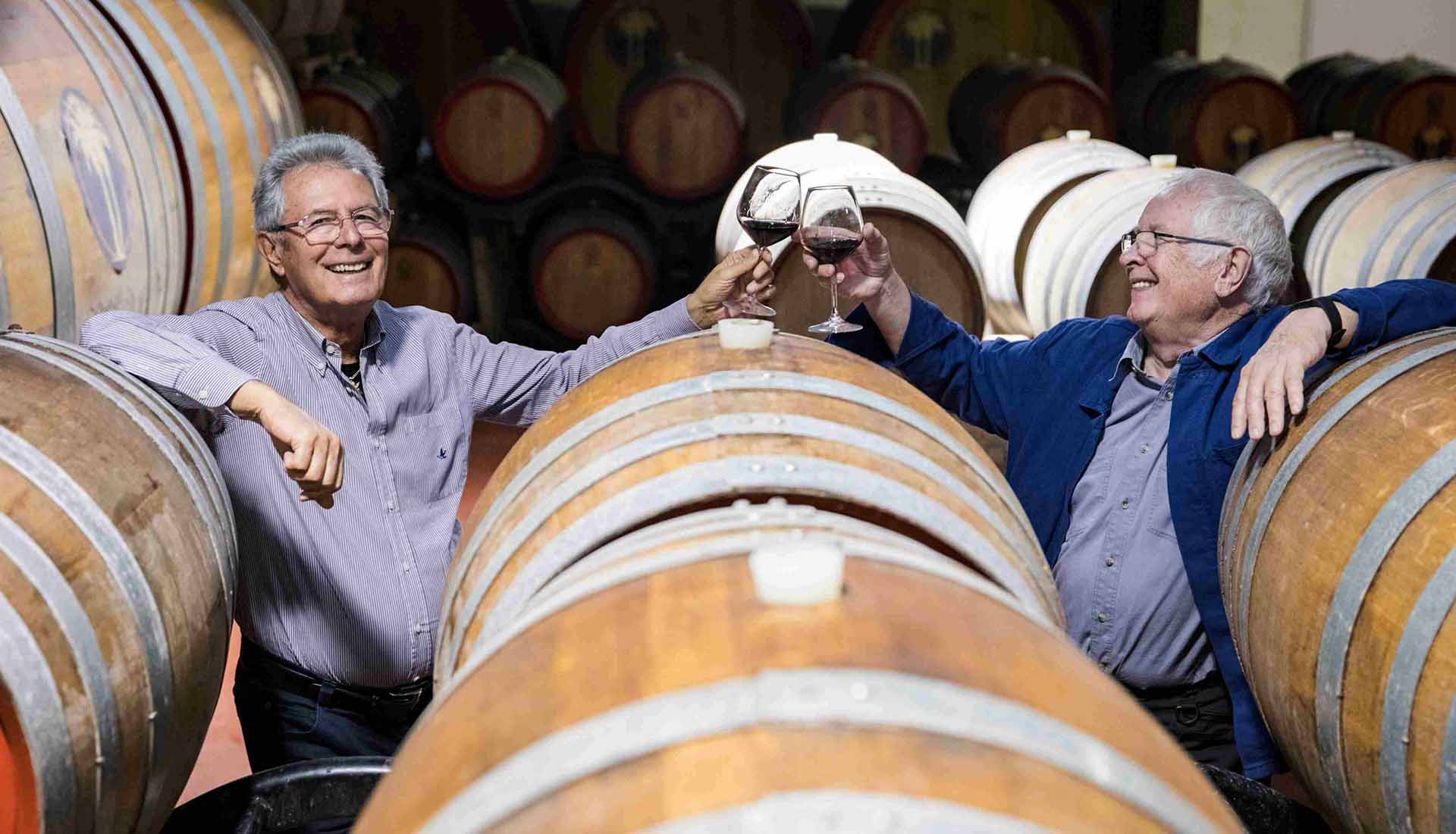 Angelo Maci and Tony Laithwaite cheers with wine glasses above wine oak barrels