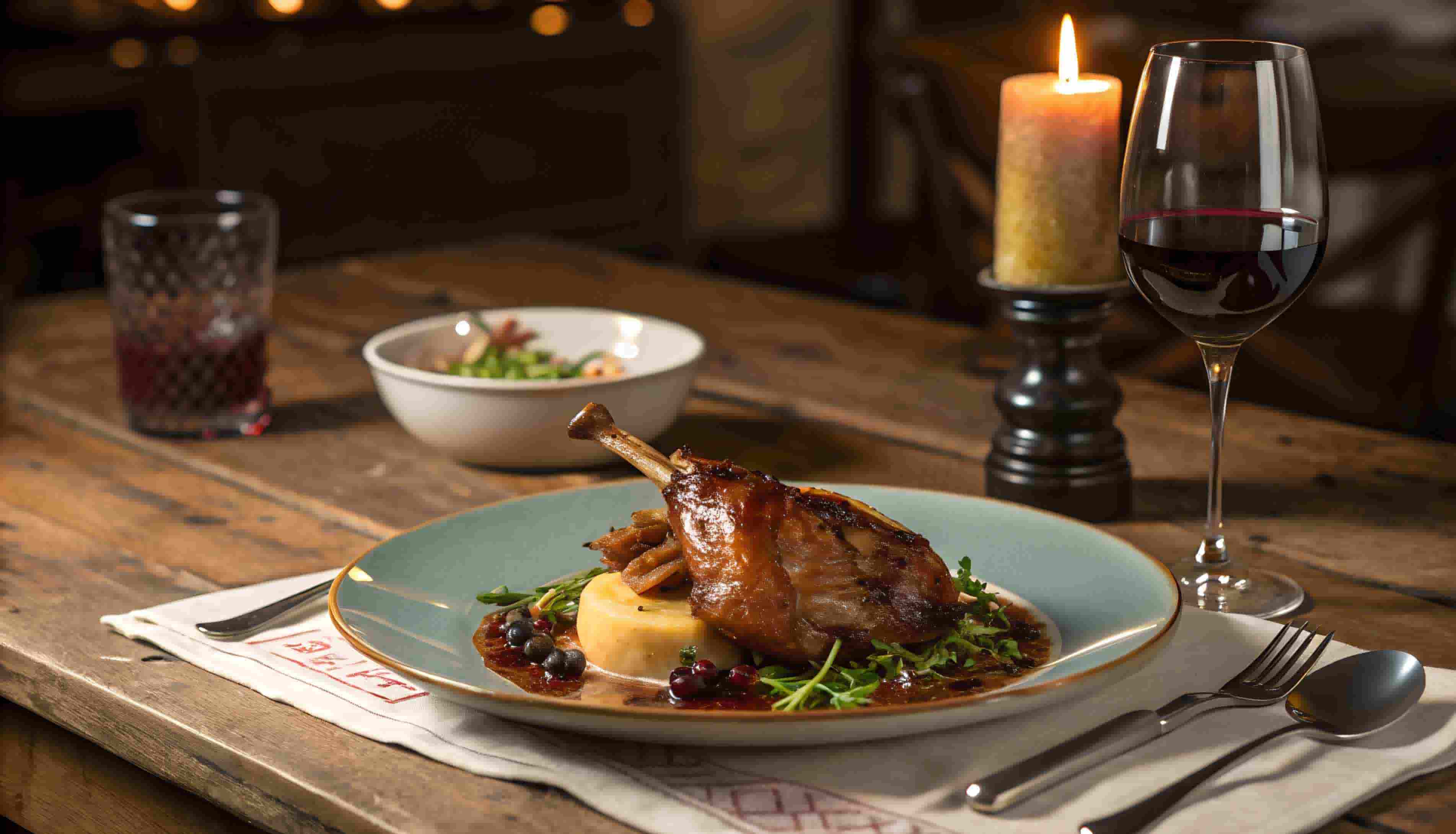 Duck confit with a glass of red wine served by candlelight 