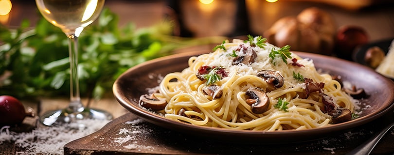 A glass of white wine accompanying a mushroom pasta dish - German white wine