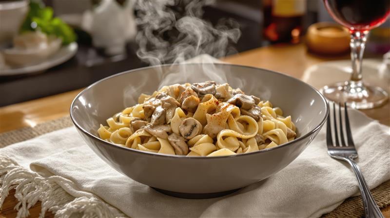 A bowl of beef stroganoff with a glass of red wine off to the side