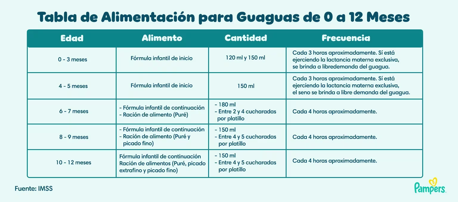 Tabla de alimentación para bebés de 0 a 12 meses