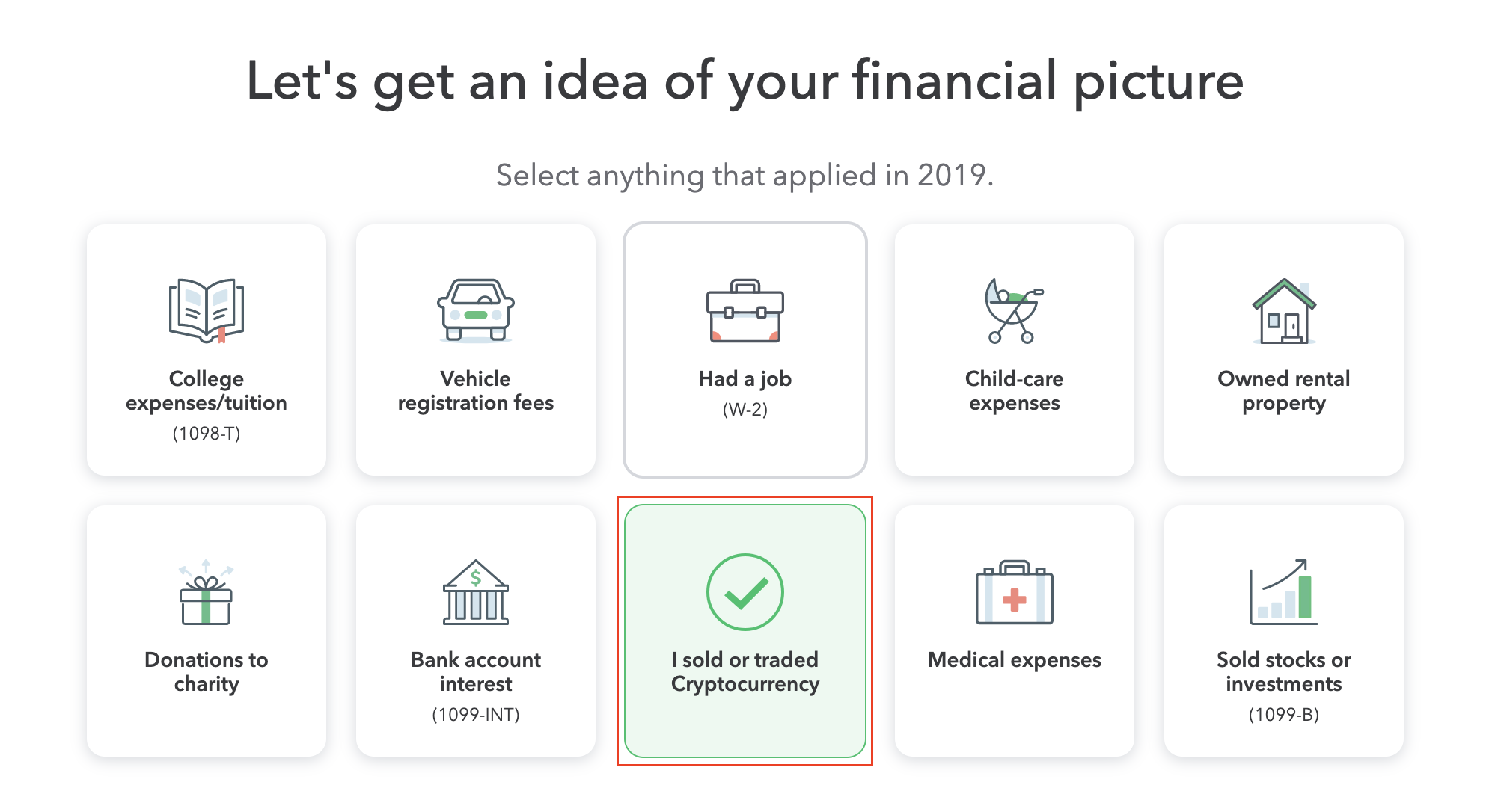 Selecting "I sold or traded cryptocurrency" on TurboTax