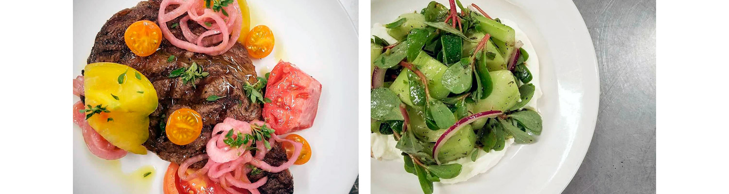 (L) Grilled Ribeye with Heirloom Tomatoes, Pickled Onions & Summer Savory; (R) Cucumbers with Labneh, Purslane & Oregano