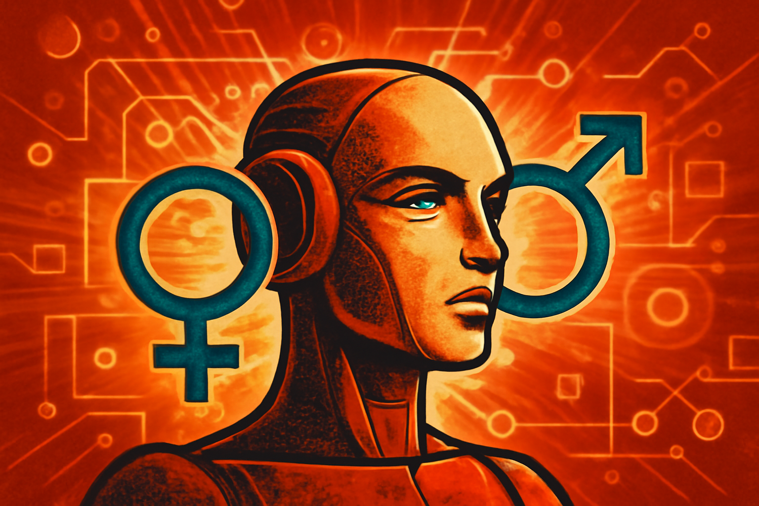 Digital illustration of an AI profile between unbalanced scales, representing the complexity of programming for gender equity and unintended ethical inconsistencies.