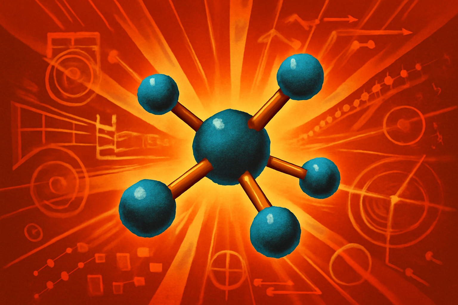 Digital illustration showing a molecular structure breaking apart into bright fragments, overlaid with glowing geometric lines representing artificial intelligence data processing.