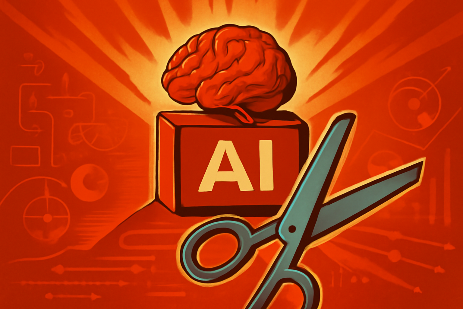 A conceptual digital visualization showing a complex web of artificial intelligence connections being simplified and trimmed for efficiency.
