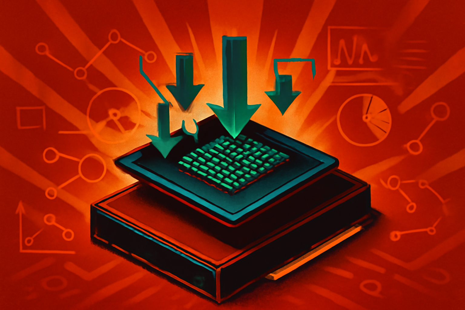 A modern data center featuring server racks with blue lighting, representing advanced AI infrastructure and memory compression technology.