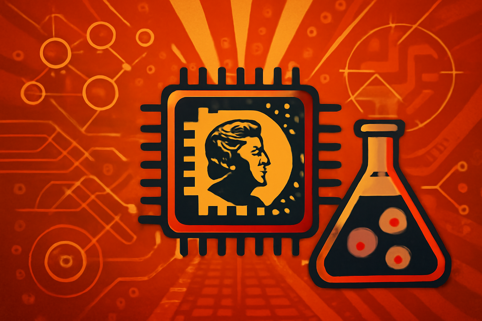 A digital illustration of a glowing blue DNA strand intertwined with complex AI network nodes in a futuristic laboratory setting.