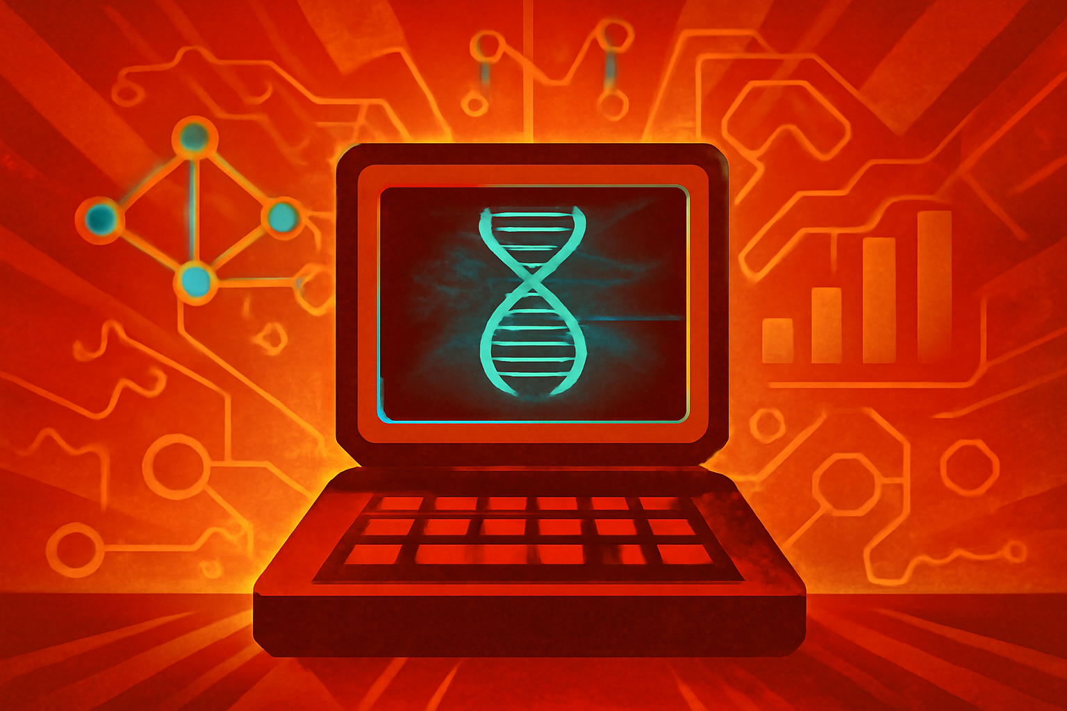 A digital DNA double helix glows on a computer screen inside a modern biotechnology laboratory where a scientist is working.
