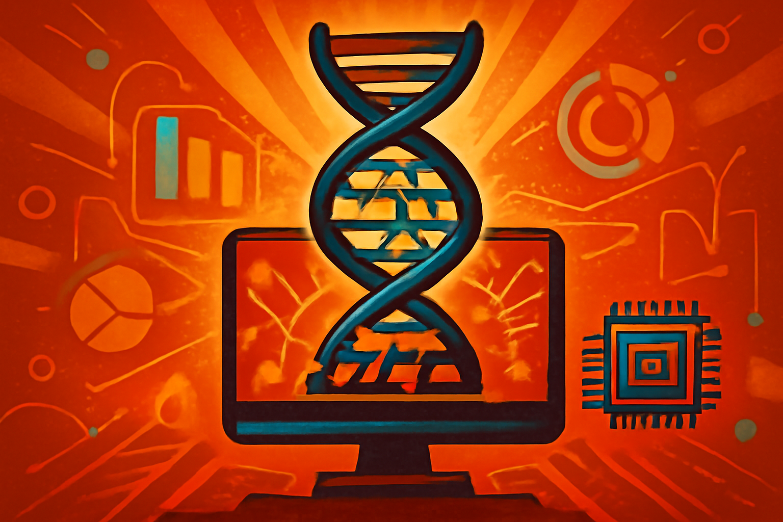 A digital DNA double helix constructed from glowing binary code floating in a modern laboratory environment, symbolizing the intersection of genomics and AI.